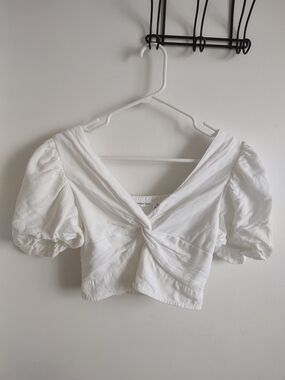 Knot-Front Puff Sleeve White Crop Top